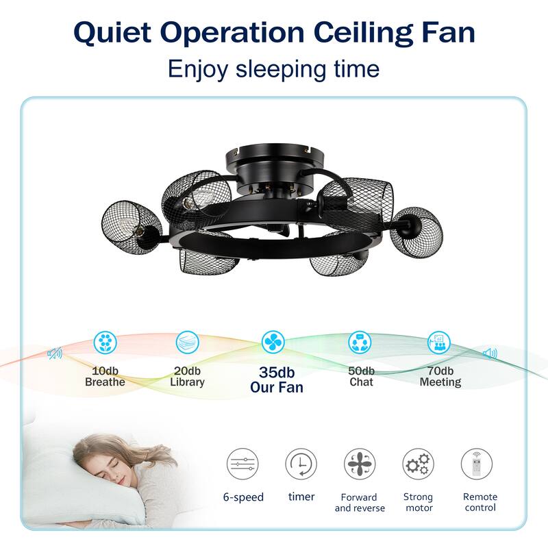 Cusp Barn 25.8'' Industrial Ceiling Fan with Remote, 5 ABS Blades Quiet DC Motor Black Fandelier Ceiling Fan for Bedroom