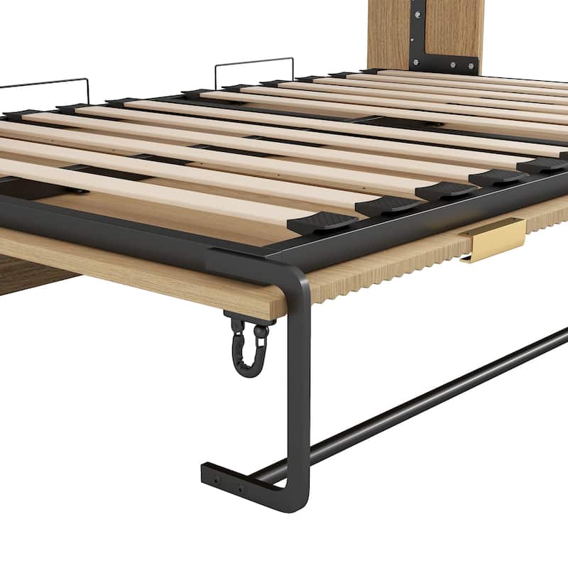 Twin XL Size Murphy Bed with Bottom LED Light, Foldable into Cabinet, Natural