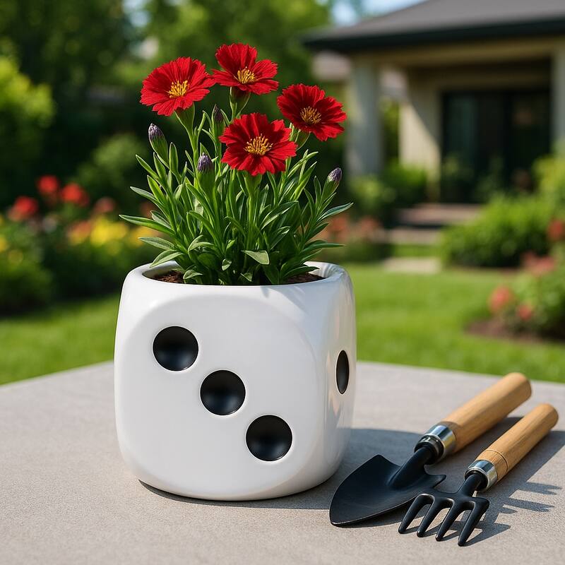 Decorative Ceramic Dice Planter - 6", White & Black - 6.0" - 6.0" - White