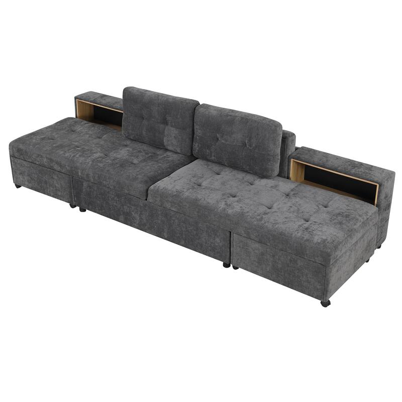 121.2" Chenille Modular Sofa Bed with Two Storage Racks, Free-Combined Design, and Smooth-Rolling Wheels