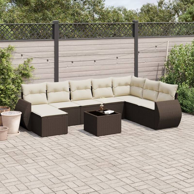 vidaXL Patio Sofa Set with Cushions Outdoor Conversation Furniture Poly Rattan - 21.7 x 21.7 x 14.6 - Brown and cream with table