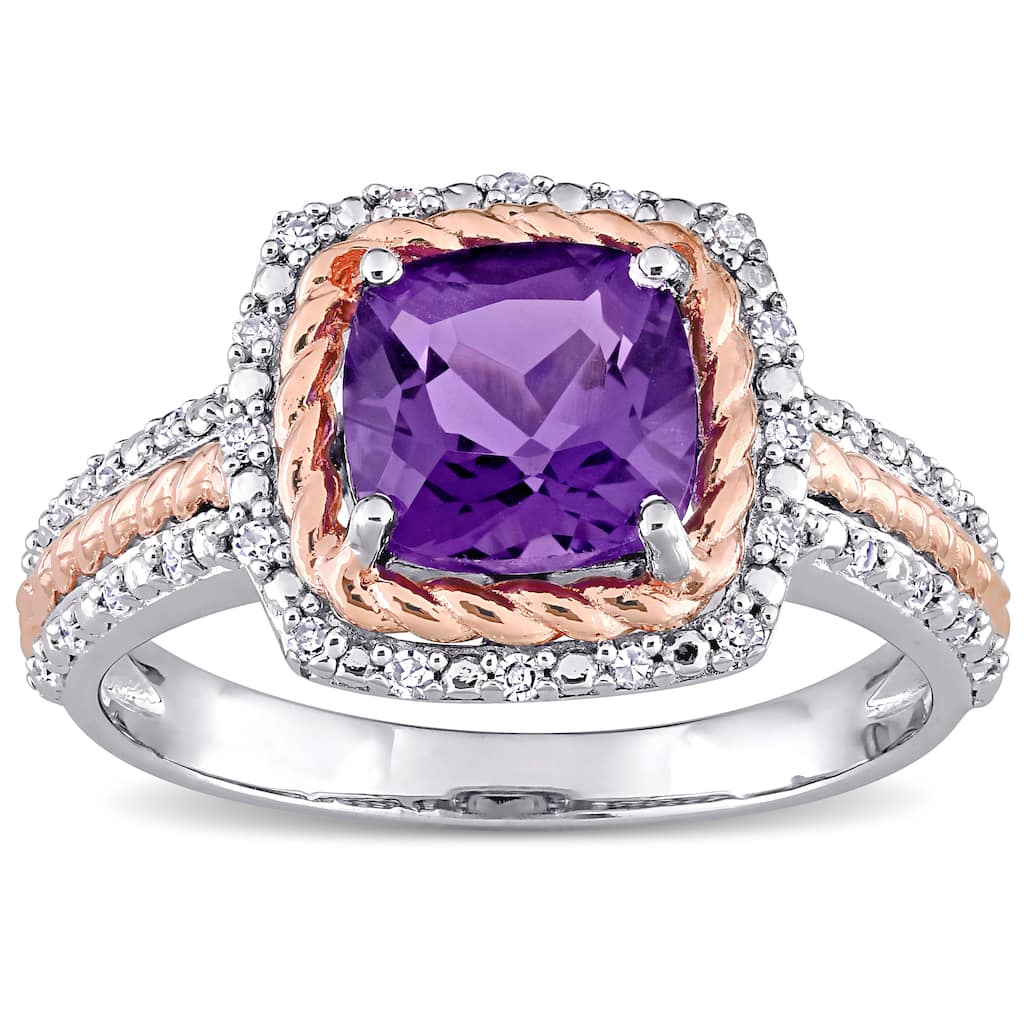 Miadora 2-Tone Sterling Silver Cushion-cut Amethyst & 1/6ct TDW Diamond Multi-row Halo Engagement Ring