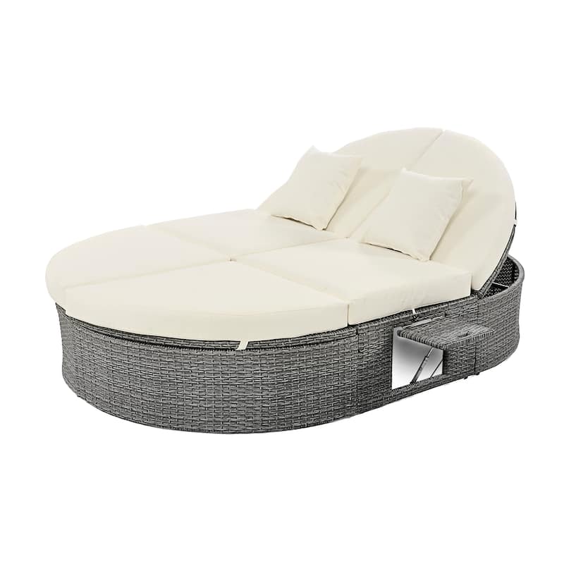 Rattan Patio 2-Person Daybed, Outdoor Sun Bed with Cushions and Pillows, Recliner with Adjustable Back and Foldable Cup Trays