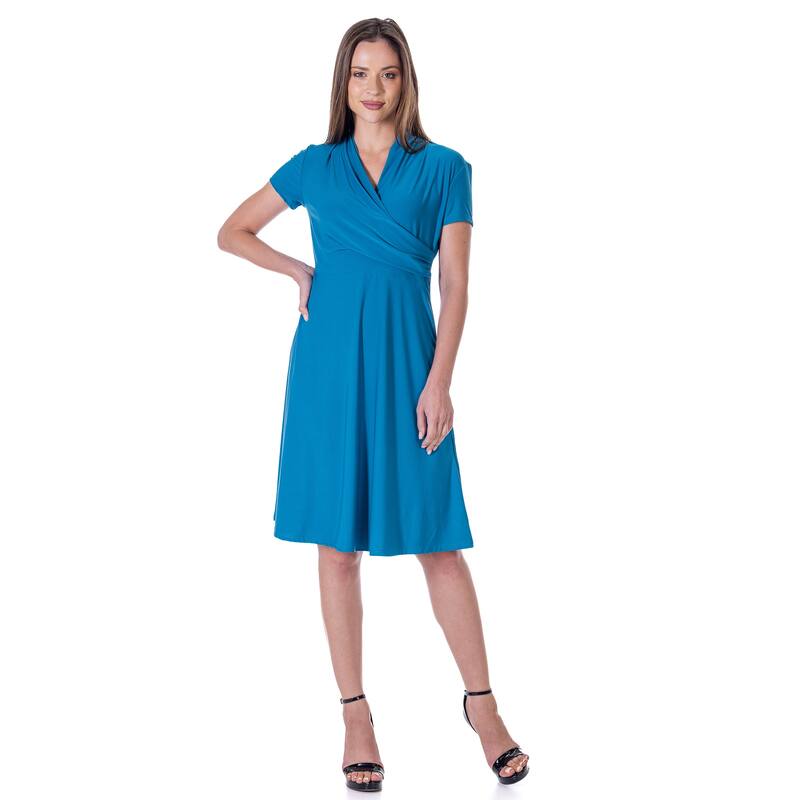 24seven Comfort Apparel Womens Short Sleeve Knee Length V Neck Rouched Wrap Dress - Blue - 1X