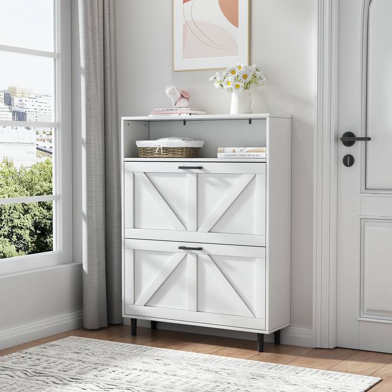 Slim Freestanding Shoe Organizer Cabinet with Barn Door Design, Adjustable Shelves and Top Shelf Storage for Entryway, Foyer