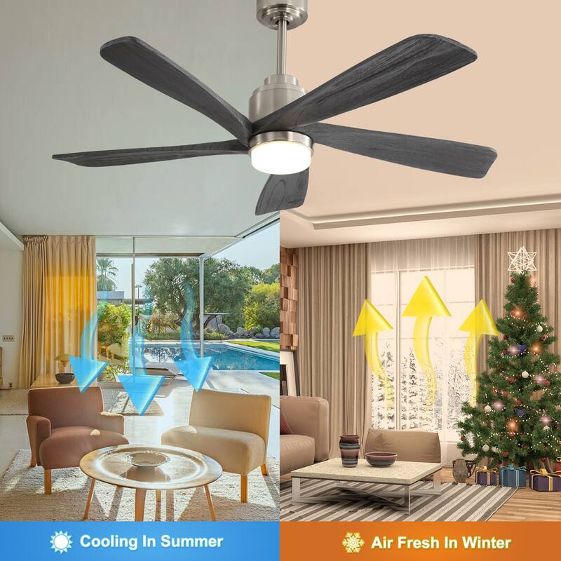 52 Inch Indoor Ceiling Fan with Light & Smart APP Control, 5 Solid Wood Blades Reversible DC Motor Ceiling Fan Chandelier - Nickel