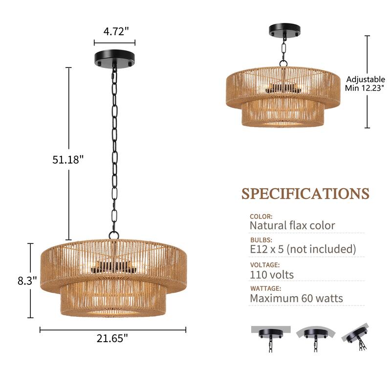 5-Light 21.6in. Rattan Boho Tiered Drum Hand Woven Chandelier