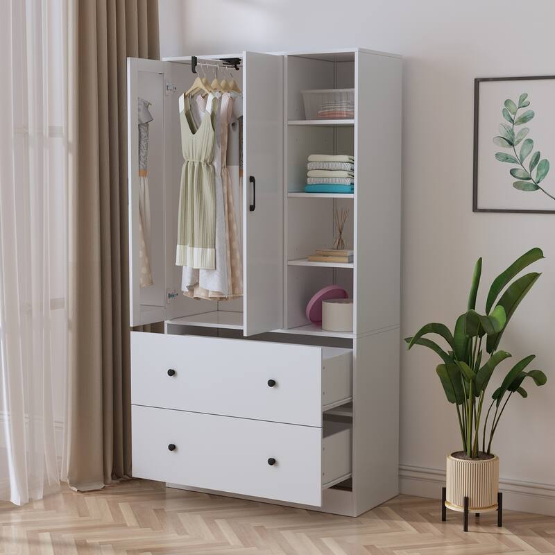 Wardrobe Closet Armoire wi/Mirror & Scalable Hanging Rod Space Saving