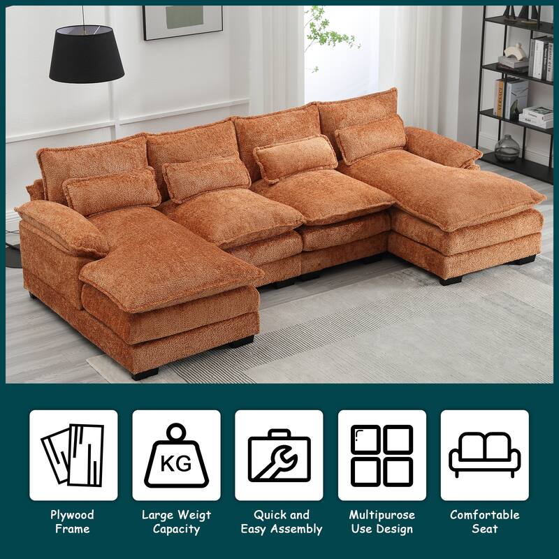 Modern Large chenille Fabric U-Shape Sectional Sofa with Ottomans, Reversible Sofa Couch for Living Room