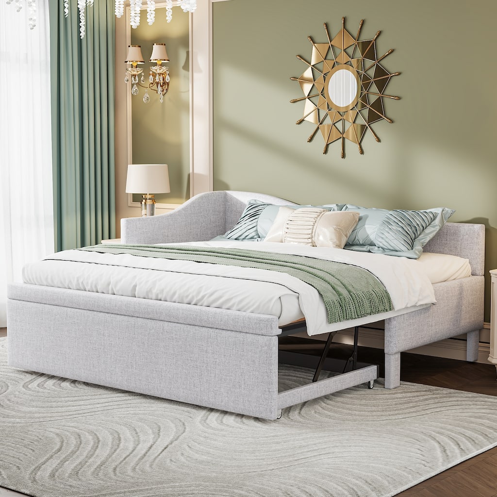Roomfitters Twin Size Upholstered L-Shaped Daybed with Pop Up Trundle, Space Saving Fabric Sofa Bed Frame with Slats
