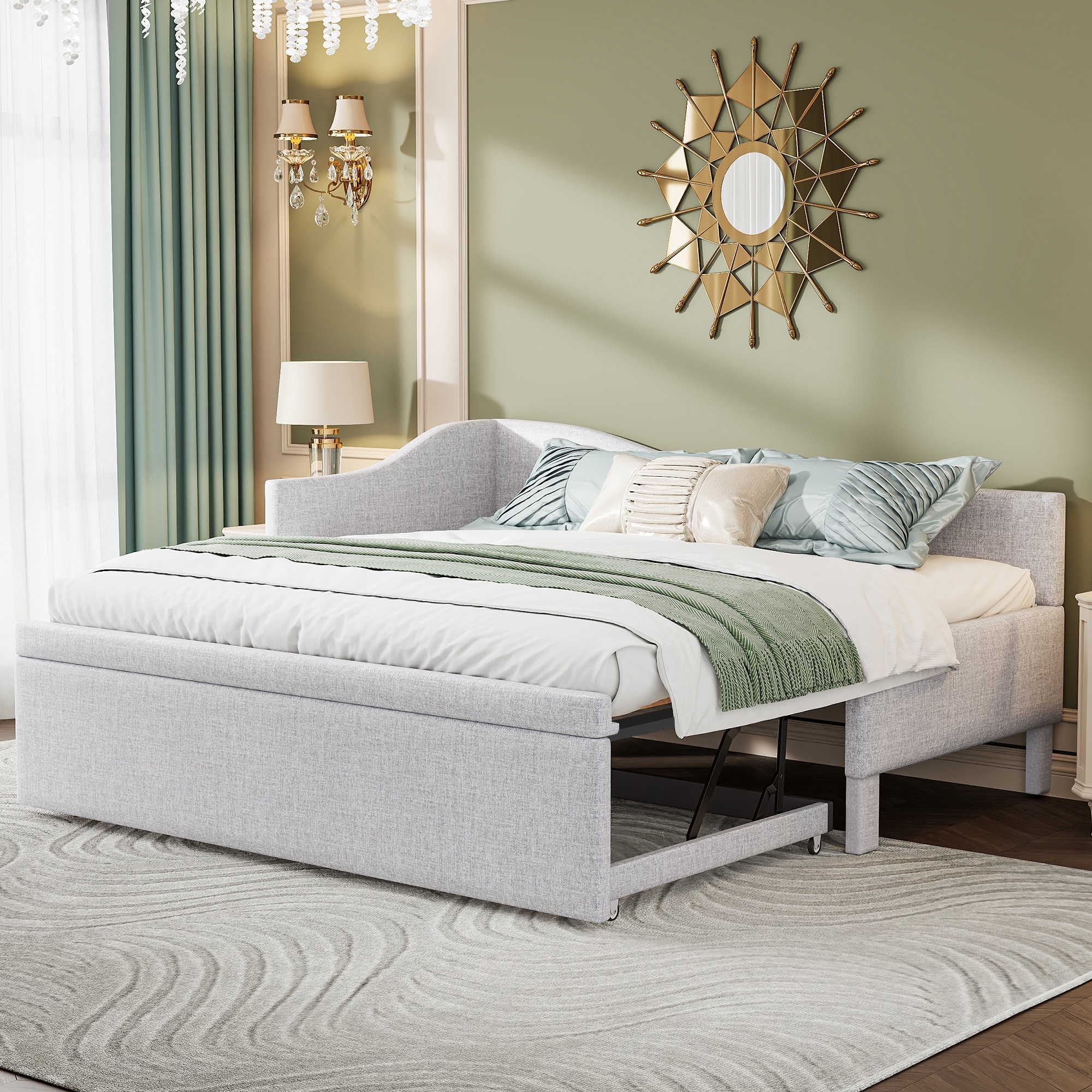 Roomfitters Twin Size Upholstered L-Shaped Daybed with Pop Up Trundle, Space Saving Fabric Sofa Bed Frame with Slats