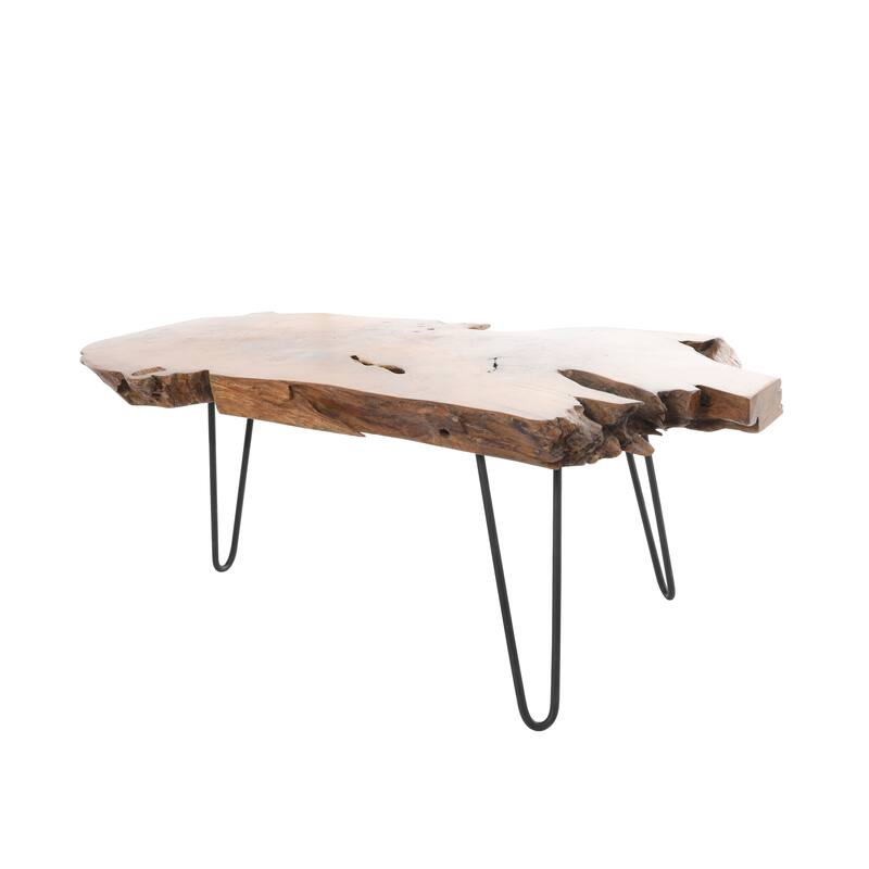 Brown Teak Wood Handmade Live Edge Living Room Coffee Table with Black Metal Hairpin Legs