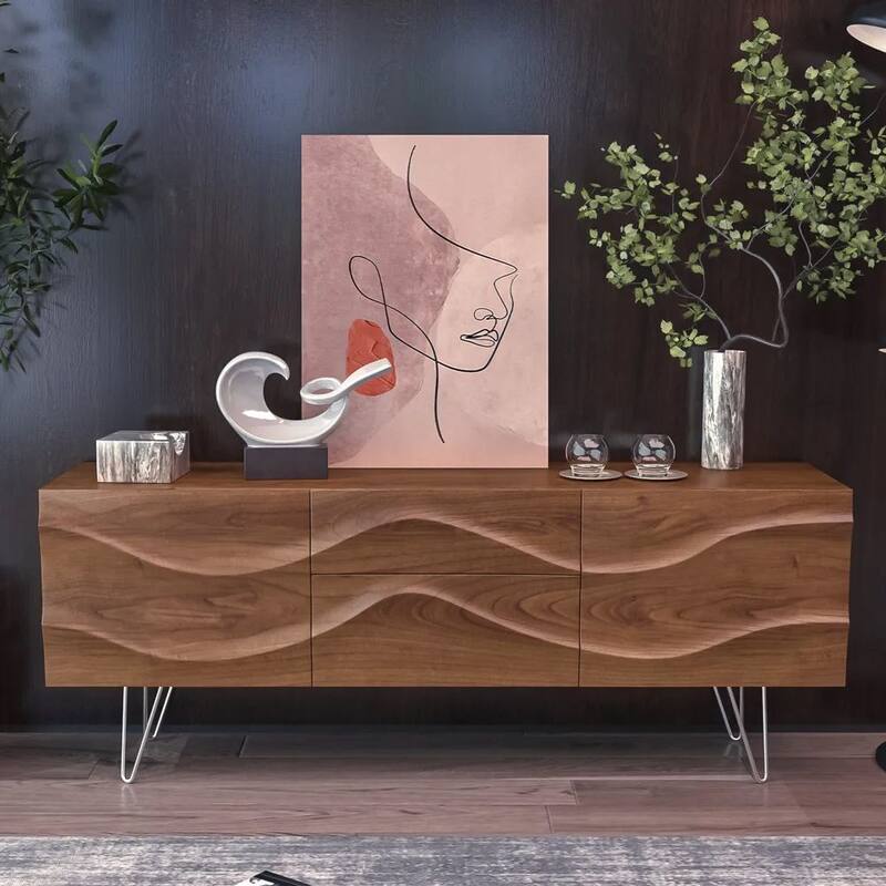 Modern Solid Wood TV Stand, Mid-Century TV Bench with Drawers, Cabinets, Tall-Cast Legs, Ash