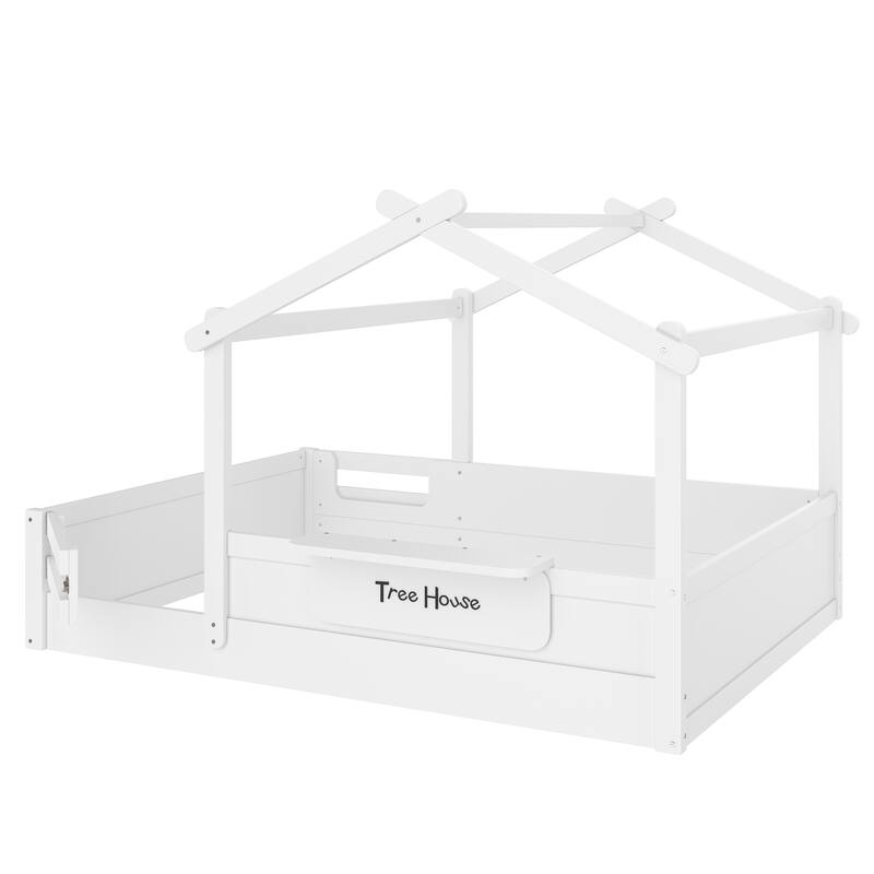 Roomfitters House Floor Bed with Guardrails and Roof, Solid Wood Frame with Tray and Signboard
