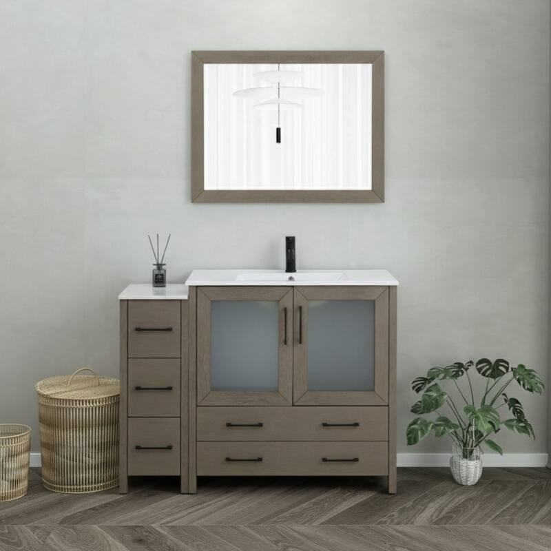 Vanity Art 48-Inch Single Sink Bathroom Vanity Set 5 Dove-Tailed Drawers 2 Cabinets 1 Shelf Soft-Closing Doors with Free Mirror - Driftwood Gray