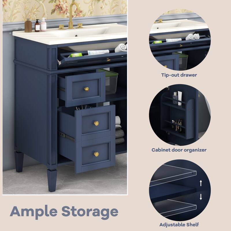 Modern 30" Bathroom Vanity with Ceramic Sink, 2 Drawers & Tip-Out Drawer for Bathroom Storage