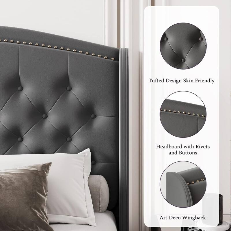 King Velvet Upholstered Platform Bed Frame with Wingback Tufted Headboard & Wood Slat Support, No Box Spring Needed