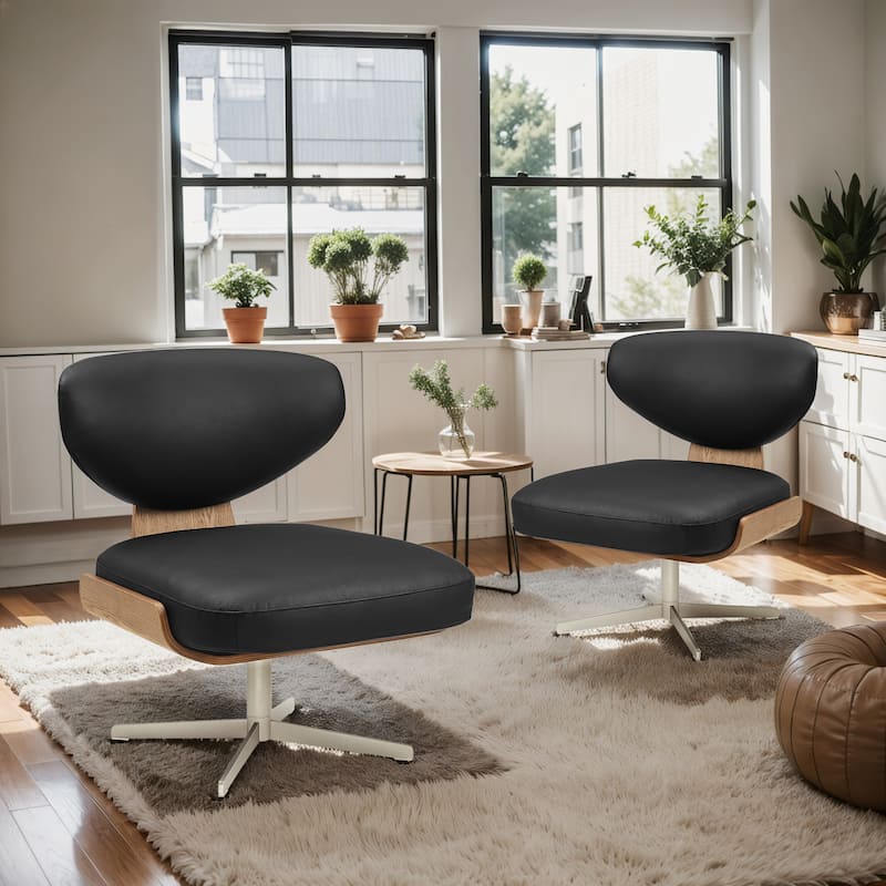 Art Leon Genuine Leather and Wood Swivel Accent Chair