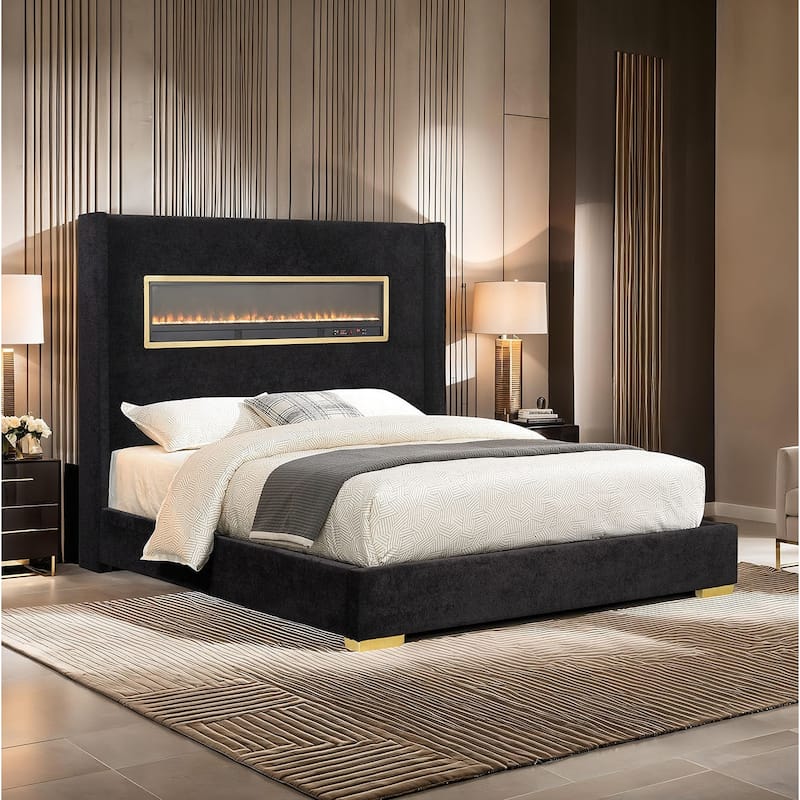 Black Finish Luxury 3D Fireplace Bluetooth Audio 1pc Bed