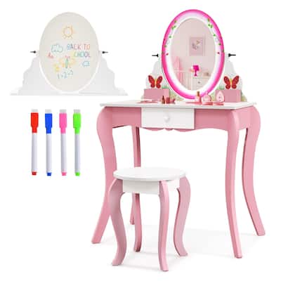 Pink Kids Vanity Table and Stool Set with 360 Rotating Mirror and Whiteboard Perfect for Gift - 27"L x 16.5"W x 39.5"H