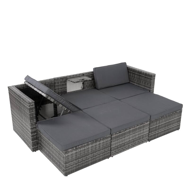 5 Piece Outdoor PE Wicker Sofa Set, Patio Conversation Furniture Set with Lift TOP Coffee Table and Lounger Sofa