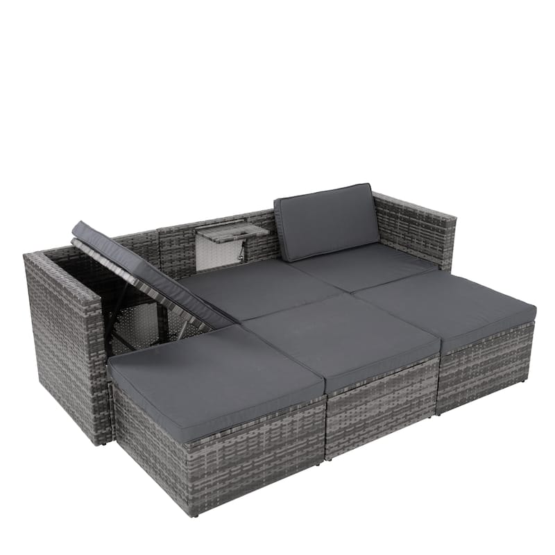 5 Pieces PE Wicker Outdoor Sectional Sofa Set with Lift-Top Coffee Table