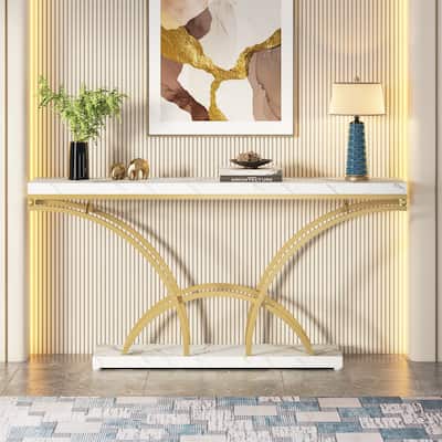 70.9'' Faux Marble Console Sofa Table with Half-Moon Shaped Metal Legs for Entryway, Accent Tables for Living Room