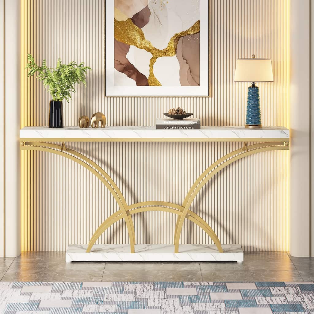 70.9'' Faux Marble Console Sofa Table with Half-Moon Shaped Metal Legs for Entryway, Accent Tables for Living Room