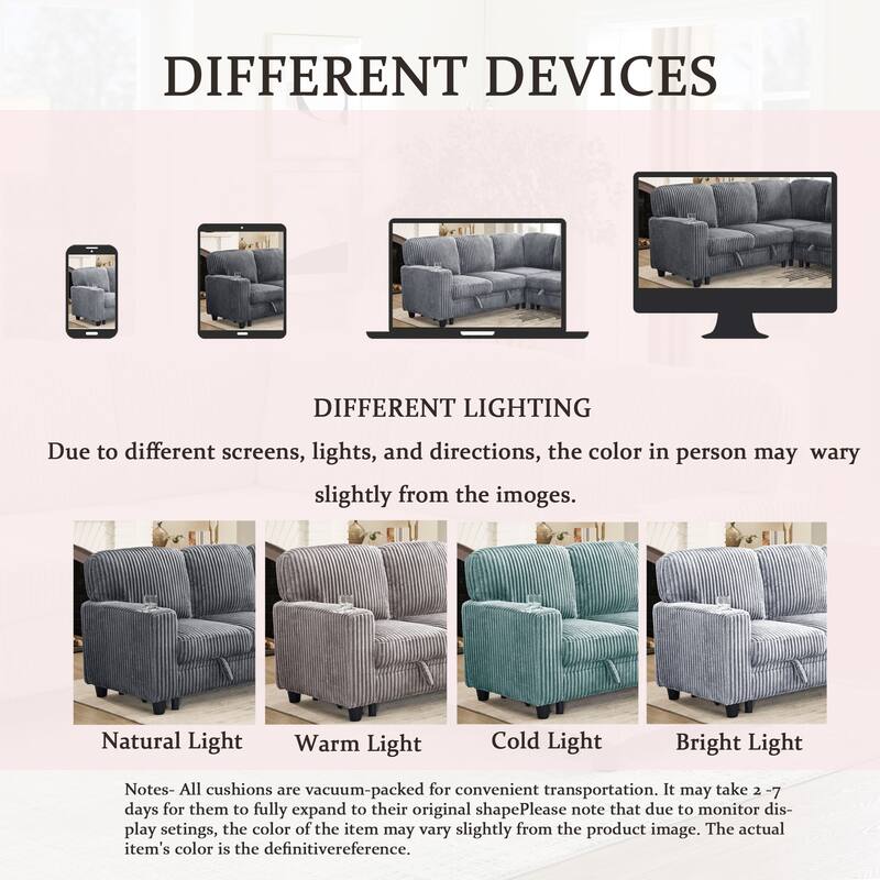 GDFStudio - Modern 5-Seat Sectional L-Shaped Sofa with Pull-Out Sleeper Bed, Storage, Cup Holder & USB Charging - 81"W
