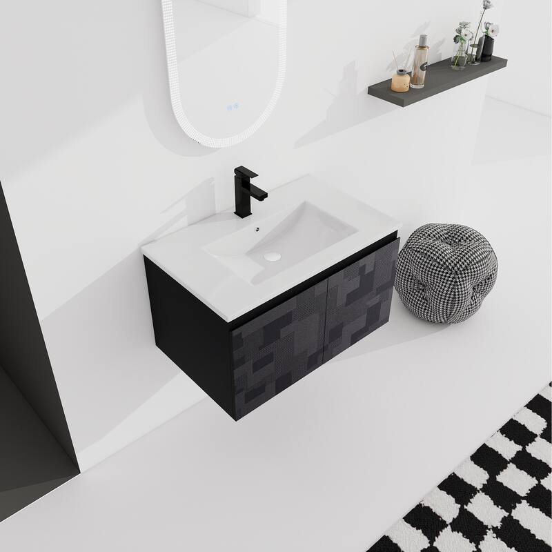 Plywood Wall Mounting Bathroom Vanity Set in Black with Integrated Ceramic Sink