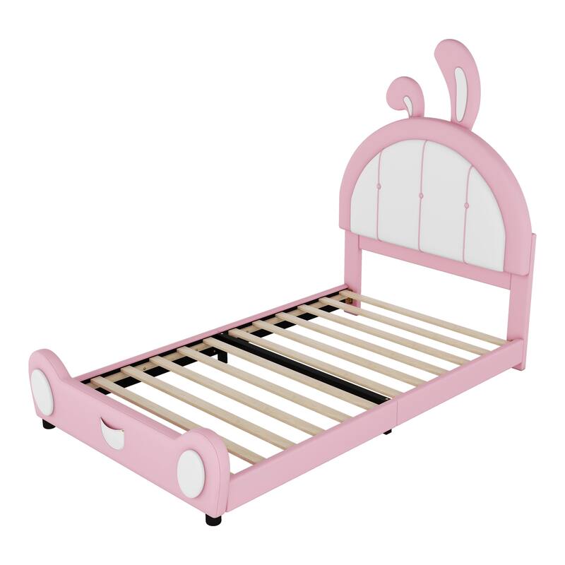 Twin Size Platform Bed with Rabbit Headboard and Playful Upholstered(250lbs Capacity)
