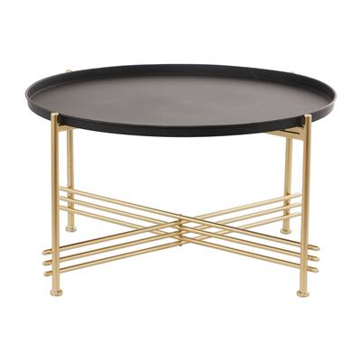 Metal Tray Top Coffee Table with Gold X-Shaped Base - Black - Roche River Decor - 33"Wx33"Lx19"H