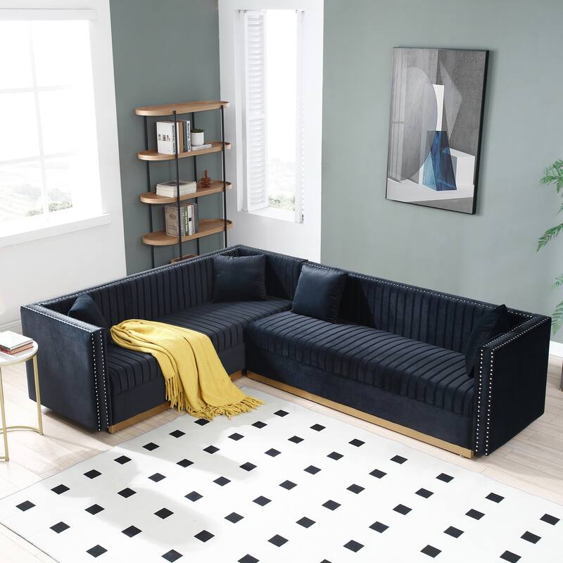 100.8" Velvet Channel Tufted Sectional Sofa (6-Seat with Pillows) - Black