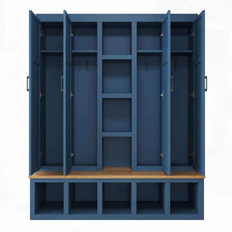 Farmhouse 4-in-1 Hall Tree with 6 Hanging Hooks, Mudroom Wood Grain Bench with Open Compartments