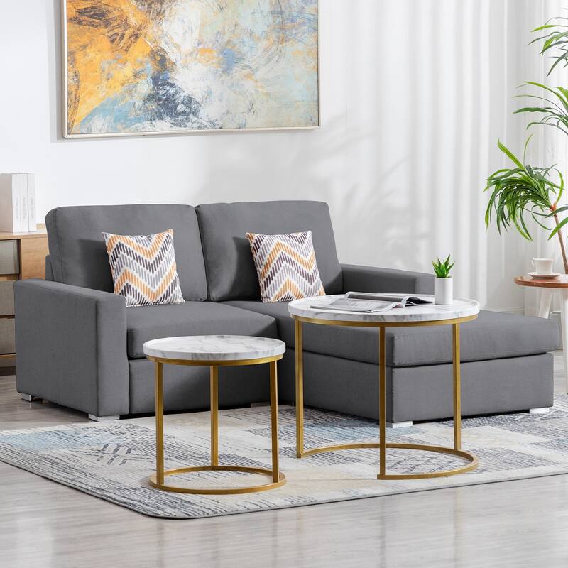 Linen Fabric 2-Seater Reversible Sofa Chaise with Pillows and Interchangeable Legs in Grey