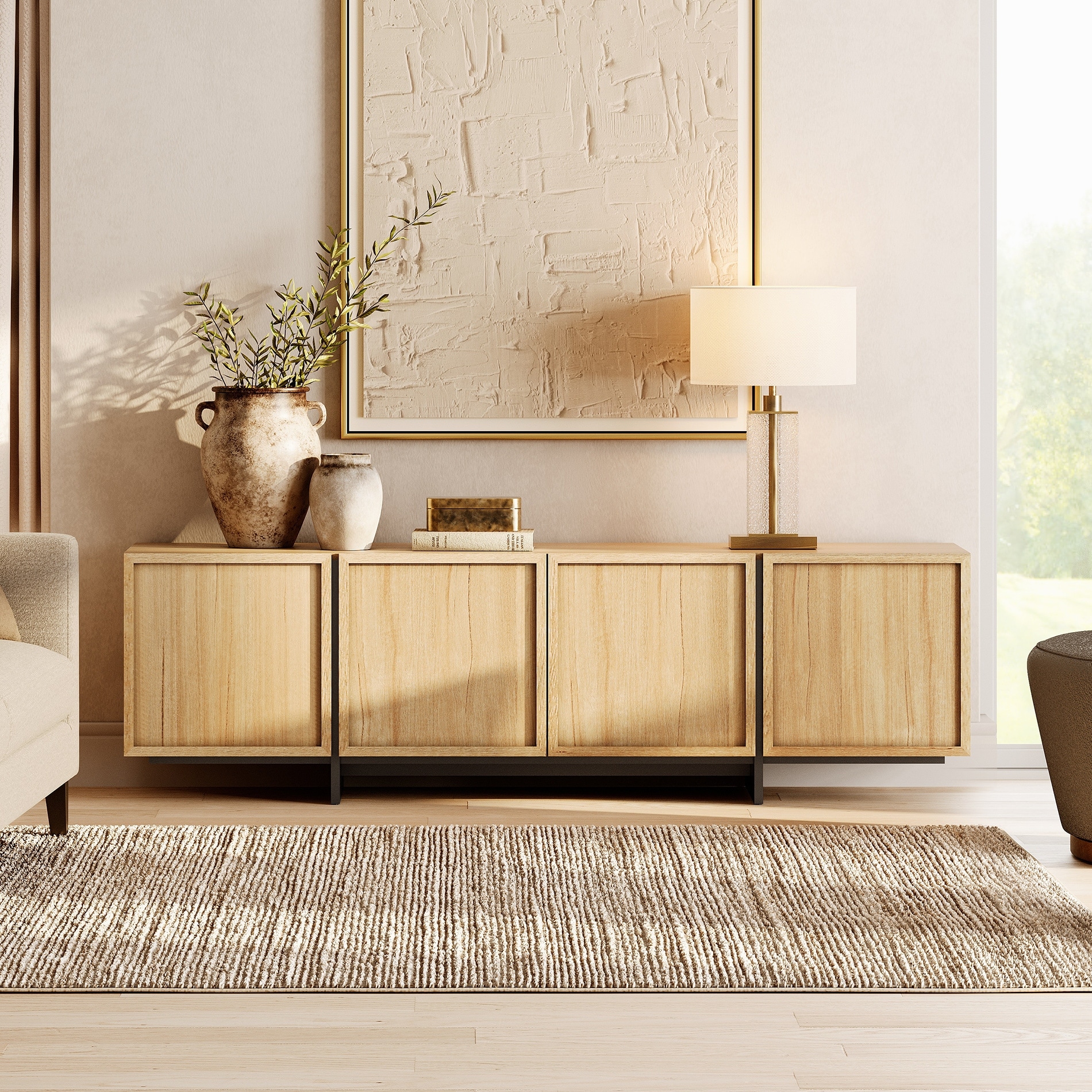 WMAPAT Modern Entertainment Center With T-Shaped Wooden Legs, 4-Door Storage TV Stand, Media Cabinet For Living Room