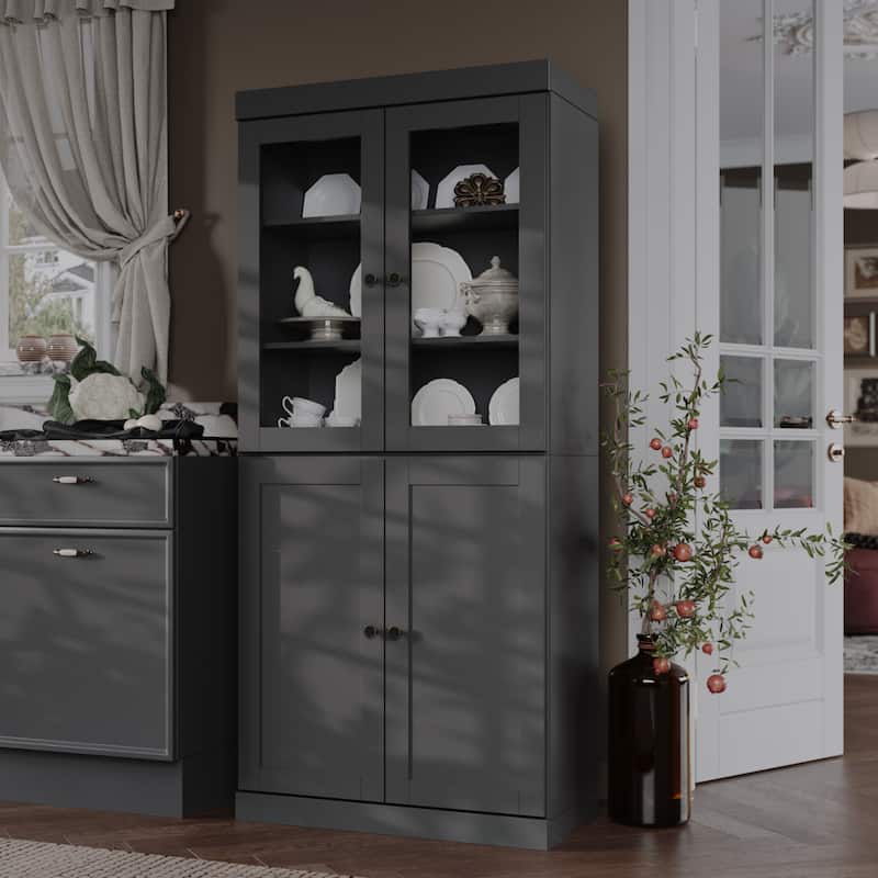 Palace Imports 100% Solid Wood 32" Pantry Cabinet with Clear Glass, Shaker Doors and Adjustable Shelves - Gray