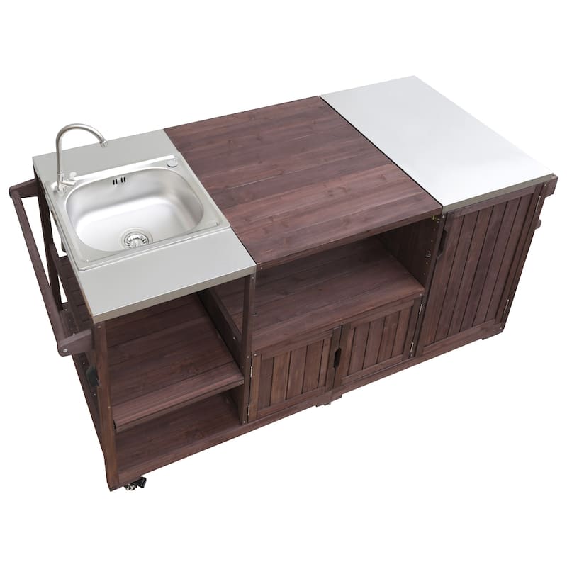75.4" Rolling Outdoor Kitchen Island with Stainless Steel Top, Premium Solid Wood Grill Cart with Sink and Wheels for Outdoor