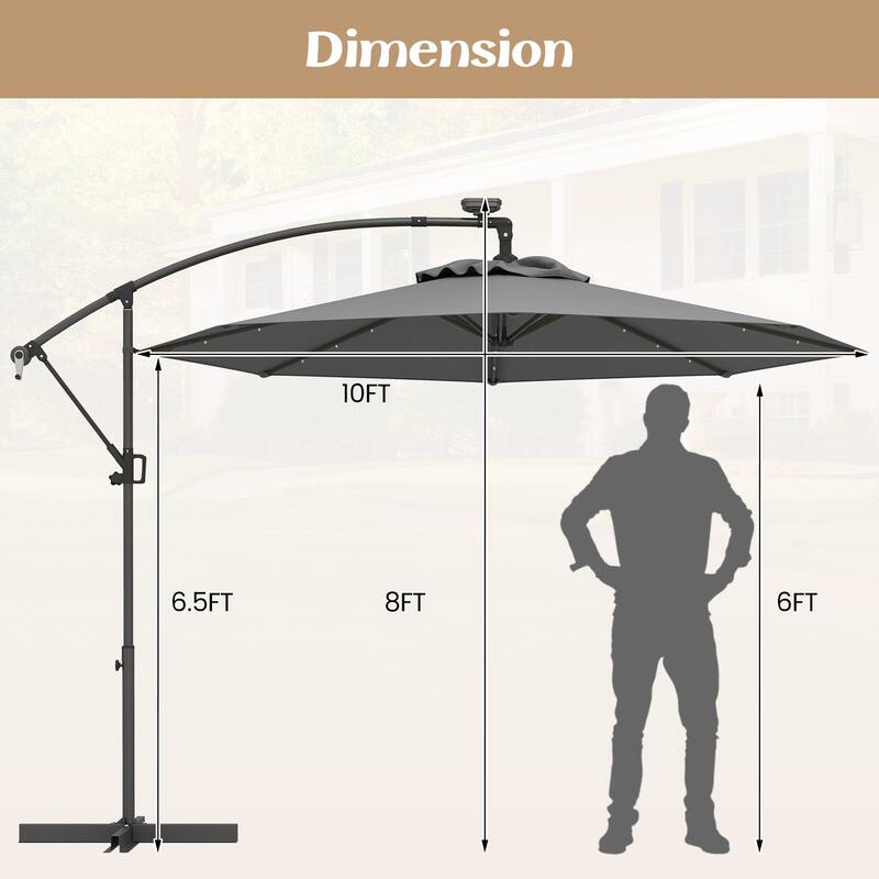 Gymax 10FT Offset Umbrella Rotation Sun Shade Solar Powered LED Gray