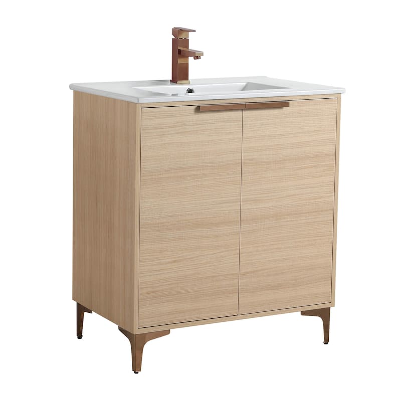 Fine Fixtures Wilmington Bathroom Vanity with White Ceramic Sink. - 30 Inch - Natural Oak - Rose Gold Hardware