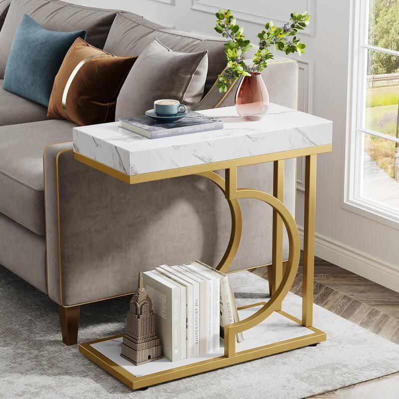 Modern Side Table, C Shaped End Table, Chairside Sofa Bedside Table for Living Room