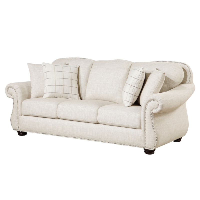 Boro Sofa with 4 Accent Pillows 85 Inch, Plush Beige Fabric