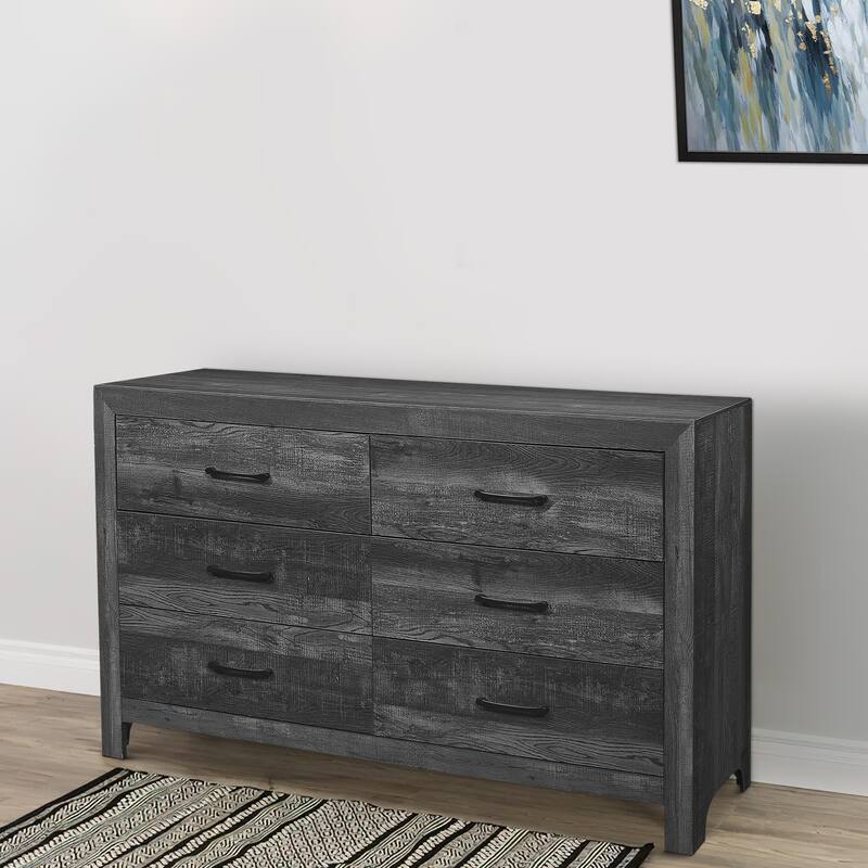 6 Drawer Rustic Wooden Double Dresser with Block Legs Support, Brown