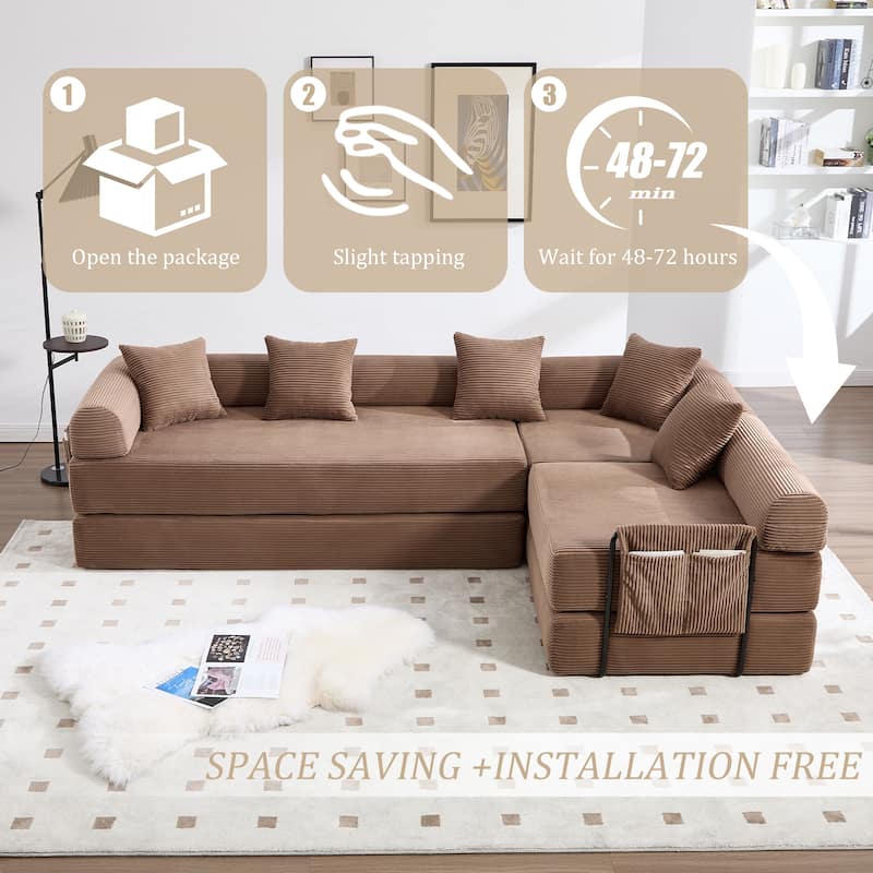 HOMEFUN Corduroy Upholstered Convertible Folding Sofa Bed with Fixed Frame and Pillow Back Handrail