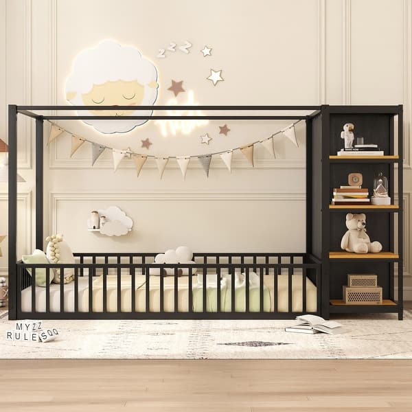 slide 2 of 11, Twin Size Floor Platform Bed with Wardrobe & Shelves, Black Black