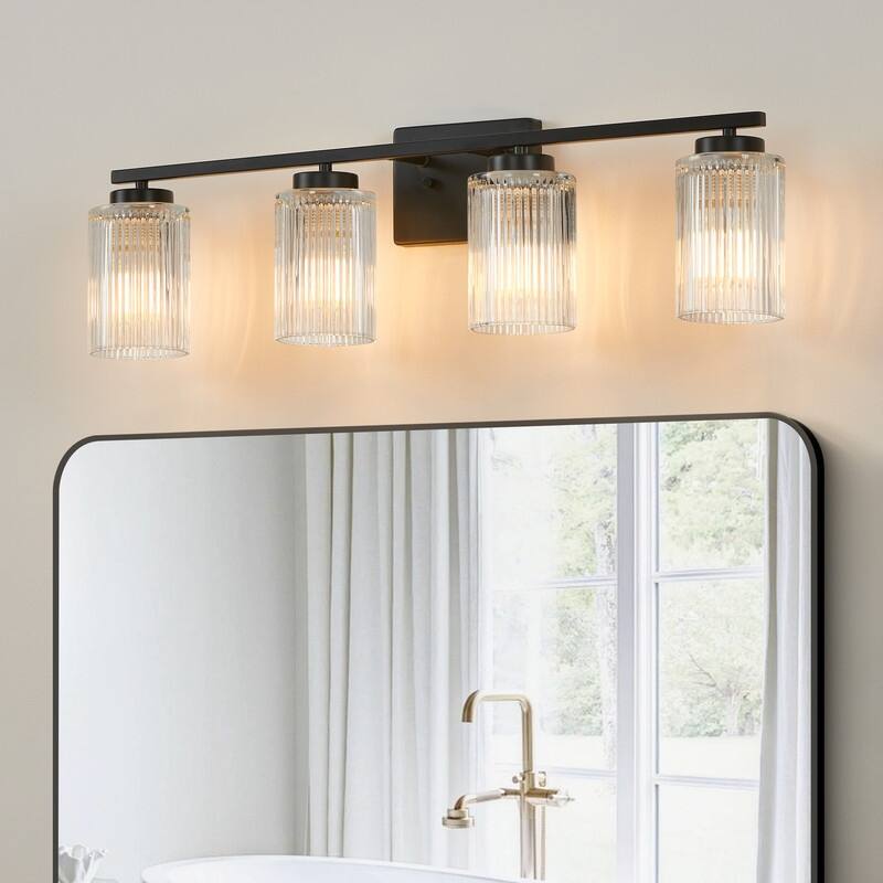 KAWOTI 30" 4-Light Bathroom Vanity Light with Fluted Glass Shades - Black