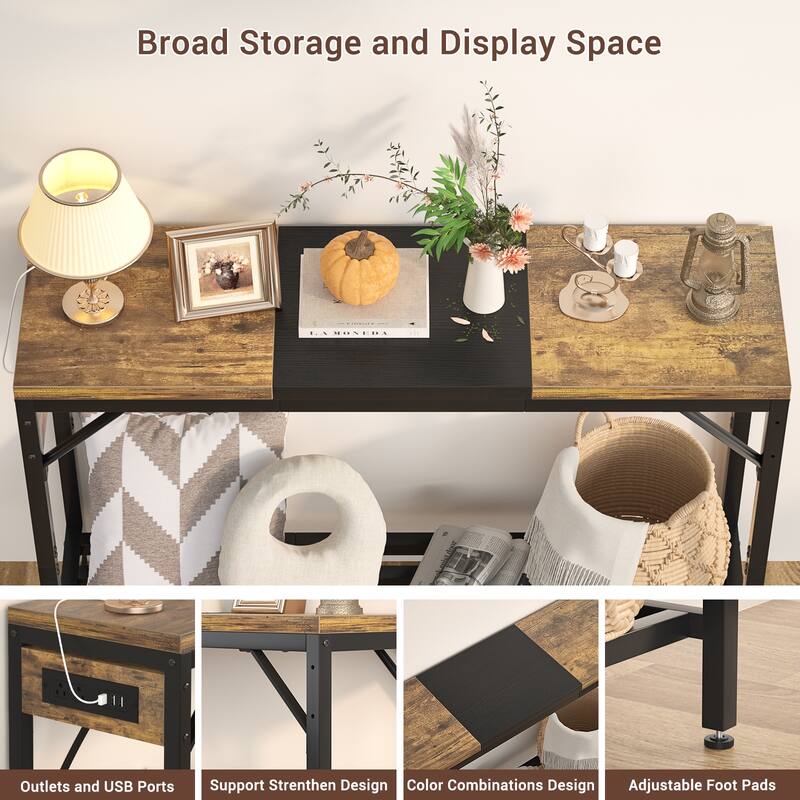 Console Table with Charge Station, Sofa Table with Storage Shelves for Living Room
