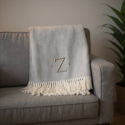HomeRoots 55" X 70" Gray And White Herringbone Cotton Blend Z Initial Throw Blanket with Tassels And Embroidery