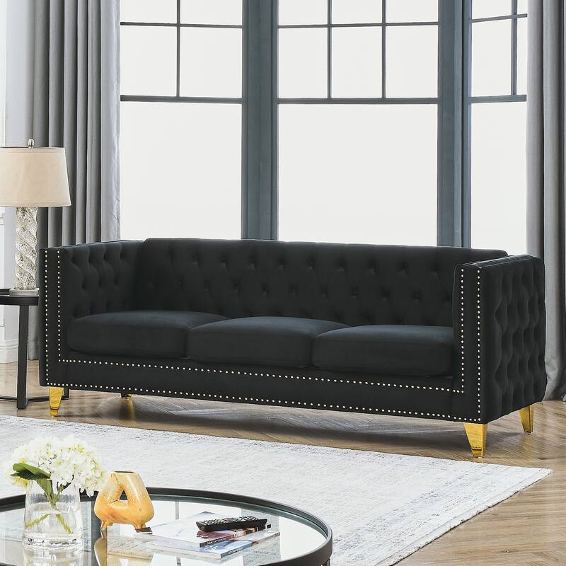 80.5-Inch Velvet 3-Person Sofa with Button Tufting and Nailhead Trim, Upholstered Chesterfield Couch for Living Room - Black