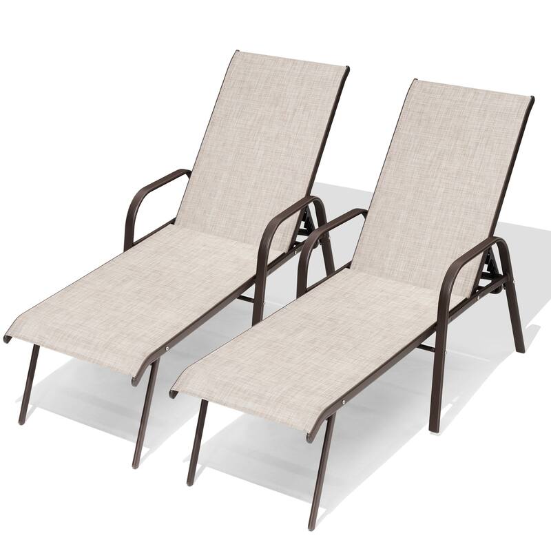 Outdoor Patio Lounger Adjustable Chaise Lounge Chairs with Arms (Set of 2/4) - Beige - 2PC